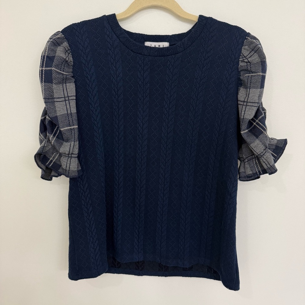 THML Navy Knit Top with Plaid Puff Sleeves Women’s Size Large #153